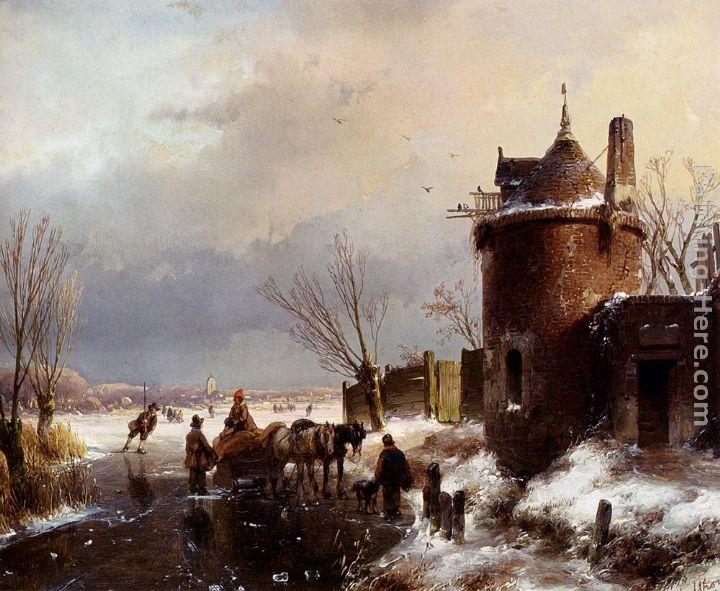 Andreas Schelfhout Figures With A Horse Sledge On The Ice, A Town In The Distance